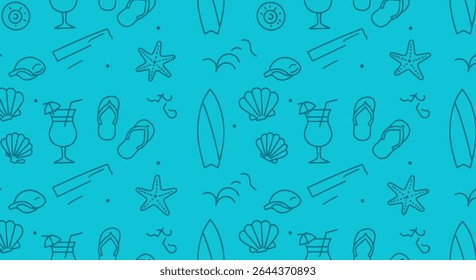 A seamless pattern featuring summer icons: starfish, surfboards, shells, cocktails with umbrellas, flip-flops, diving boards, suns, and waves.
