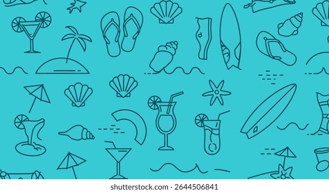 A seamless pattern featuring summer icons: cocktails, surfboards, shells, flip flops, and a tropical island, all in a teal outline style.
