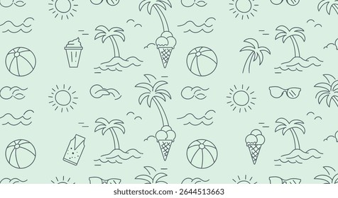 A seamless pattern featuring summer icons: palm trees, ice cream cones, suns, beach balls, sunglasses, waves, and a drink, all in a simple line art style.