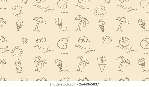 Seamless pattern featuring summer themed icons: sun, palm trees, ice cream, sunglasses, beach ball, sunscreen, umbrella, swimming trunks, waves, and a rooster.
