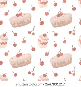 Seamless pattern featuring sweet cakes with creamy frosting and bright red cherries on a white background