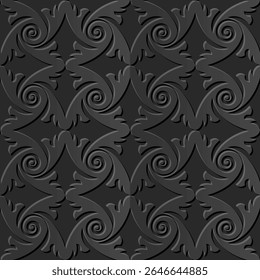 A seamless pattern featuring swirling, ornate designs in a dark tone, suitable for backgrounds or decorative purposes.