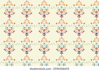 Seamless pattern featuring symmetrical vintage floral ornaments, perfect for elegant textile designs, packaging, and decorative projects.