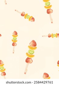 A seamless pattern featuring tanghulu skewers with mixed fruits in a soft watercolor style on a beige background. Ideal for artistic packaging, fabric prints, and elegant wallpapers.