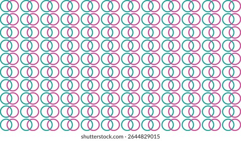 A seamless pattern featuring teal and pink circles that interlock, creating a visually appealing and repetitive design. The background is white.