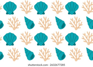 Seamless pattern featuring teal scallop shells, coral, and underwater plants in a clean marine color palette