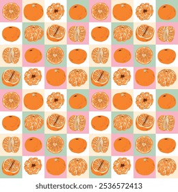 Padrão sem emenda com laranjas de tangerina ladrilhadas. Um fundo cítrico vibrante e animado, perfeito para decoração de cozinha, menus de restaurante, panfletos e materiais promocionais.