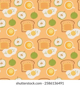 Seamless pattern featuring toast, fried eggs, green apples, and tea with lemon on orange background. Perfect for food-themed designs and textiles. Vector illustration.