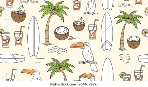 A seamless pattern featuring toucans, coconuts, drinks with ice, surfboards, palm trees and waves, creating a summer vibe.