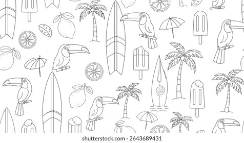 Seamless pattern featuring toucans perched on branches, surfboards, lemons, palm trees, ice cream, and umbrellas in a line art style.