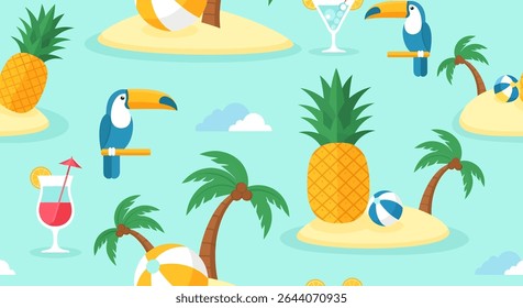 Um padrão perfeito com tucanos empoleirados em galhos, abacaxis, coquetéis, ilhas com palmeiras e bolas de praia em um fundo azul claro.