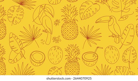 Um padrão perfeito com tucanos, ananases, cocos e várias folhas de palmeira, todas delineadas em uma única cor.