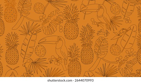 A seamless pattern featuring toucans, pineapples, coconuts, and various palm leaves, all rendered in a minimalist line art style.