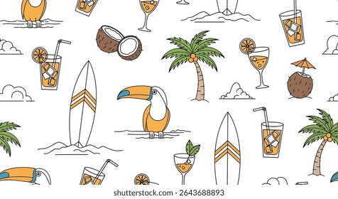 Seamless pattern featuring toucans, surfboards, coconuts, palm trees, and drinks with ice and orange slices, creating a tropical summer vibe.
