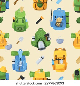 Seamless Pattern Featuring Tourist Backpacks In Different Colors And Sizes, Perfect For Travel-themed Design And Product