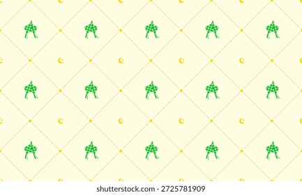 A seamless pattern featuring traditional green woven ketupat and golden crescent moons arranged in a diamond grid on a light yellow background, perfect for Islamic holiday greetings.