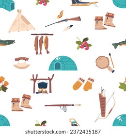 Seamless Pattern Featuring Traditional Inuit Items. Igloo, Gloves, Mukluks, Ulu, And Harpoon. Sled, Tambourine