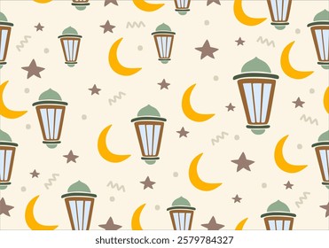 seamless pattern featuring traditional lanterns, crescent moons, and stars in a soft, warm color palette.