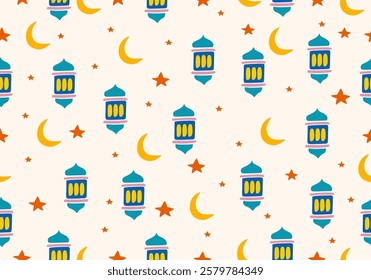 seamless pattern featuring traditional lanterns, crescent moons, and stars in a soft, warm color palette.