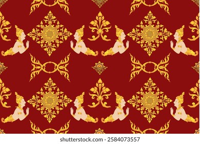 A seamless pattern featuring traditional Thai motifs with intricate gold designs and figures on rich red background, showcasing cultural artistry