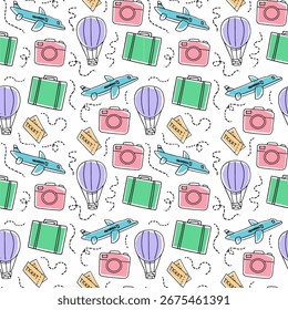 Seamless Pattern Featuring Travel Items Like Suitcase, Camera, and Airplane Icons