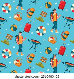 Seamless pattern featuring a traveler with luggage, beach balls, picnic baskets, grills, and beach signs on a blue background.