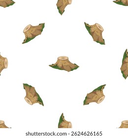 Seamless pattern featuring tree stumps surrounded by grass, ideal for nature themed designs