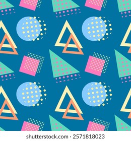 Seamless pattern featuring triangles, circles, squares, and polka dots in vibrant pastel colors on a blue background.