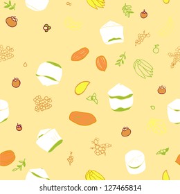 A seamless pattern featuring tropical fruits on a beige background.
