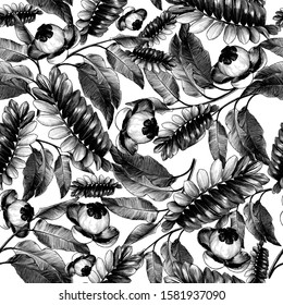 seamless pattern featuring tropical leaves and plants, sketch vector graphics monochrome illustration