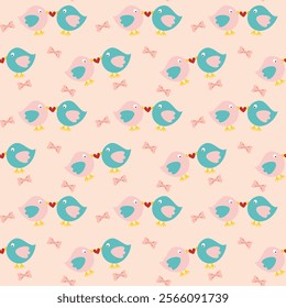 Seamless pattern featuring two birds facing each other with a heart in between, light pink bow on a light pink background. Ideal for Valentine’s Day designs, gift wrapping, and fabric prints.