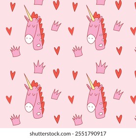 Seamless Pattern Featuring Unicorn Heads, Crowns, and Hearts. Pink and Red Color Palette on Light Background. Decorative Design for Kids and Fantasy Themes. Flat Vector Illustration 