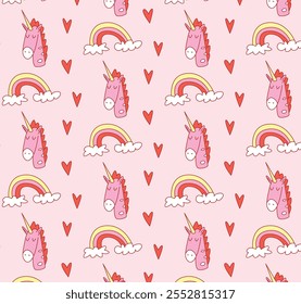 Seamless Pattern featuring Unicorn Heads, Rainbows with Clouds, and Hearts. Cute Design in Soft Pastel Colors. Flat Vector Illustration, Repeating Background. Isolated Elements for Decorative Use.