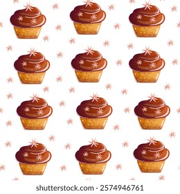 A seamless pattern featuring Vanilla cupcakes topped with rich chocolate frosting. Perfect for dessert-themed designs, bakery packaging, and sweet, cozy projects.