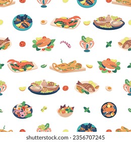 Seamless Pattern Featuring A Variety Of Coastal Seafood Dishes, Including Fish, Shrimp, And Crab, Lobster, Oysters