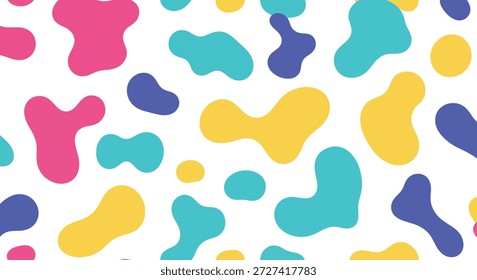 Un patrón sin fisuras con una variedad de Formas de manchas orgánicas amorfas y coloridas en rosa, amarillo, verde azulado y azul sobre un fondo blanco.