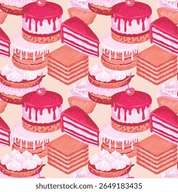 Seamless pattern featuring a variety of decadent desserts like layer cakes, cupcakes, and pastries cream on a soft beige tones. Design for bakery branding, fabric designs, or packaging