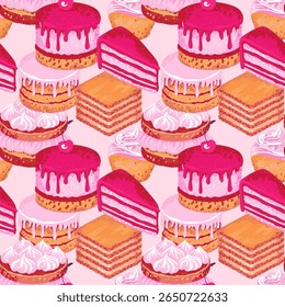 Padrão sem emenda com uma variedade de sobremesas decadentes como bolos de camada, cupcakes e doces em tons de rosa e bege. Design para marca de padaria, designs de tecido ou embalagem