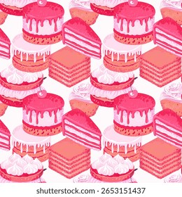 Seamless pattern featuring a variety of decadent desserts like layer cakes, cupcakes, and pastries in shades of pink. Design for bakery branding, fabric designs, or packaging