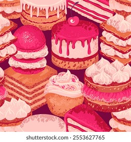 Seamless pattern featuring a variety desserts like layer cakes, cupcakes, and pastries and cream in soft brown tones. Design for bakery branding, fabric designs, or packaging