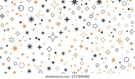 Seamless pattern featuring a variety of geometric star shapes, circles, and dots in shades of black, gold, and tan.