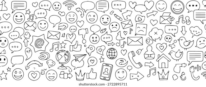 Un patrón sin fisuras con una variedad de iconos de doodle dibujados a mano relacionados con las redes sociales, la comunicación y las emociones, que incluyen burbujas de discurso, emojis, sobres, corazones y otros símbolos comunes, .