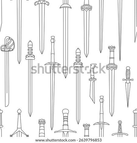 Seamless pattern featuring a variety of historical swords and daggers in black outline style. Hand drawn vector illustration ideal for fantasy-themed fabrics, medieval decorations, or coloring pages