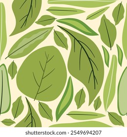 A seamless pattern featuring a variety of leaves in intricate arrangements, showcasing tropical, and minimalist styles