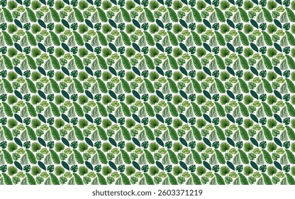 A seamless pattern featuring a variety of lush green leaves, including palm, monstera, and fern, arranged in overlapping layers for a natural, organic look