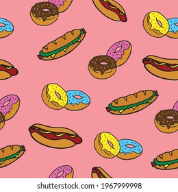 Seamless pattern featuring a variety of savory and sweet foods like sandwiches, hot dogs, chocolate, and strawberry donuts in a vibrant illustration.