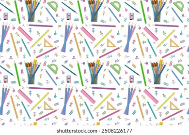 Seamless pattern featuring a variety of school supplies including pencils, rulers, paperclips, and more. Perfect for back-to-school designs.