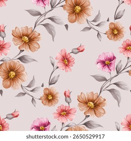 A seamless pattern featuring a variety of stylized flowers. The flowers are predominantly in shades of light peach tan and pale pink purple.  They have detailed, rounded petals and central golden.