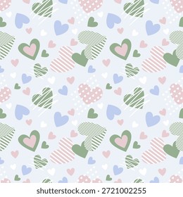 Patrón sin fisuras con una variedad de corazones estilizados en una paleta de colores pastel suave de verde salvia, rosa polvoriento y azul cielo.