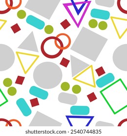 Seamless pattern featuring a variety of two-dimensional shapes and flat figures in mathematics for educational use.
